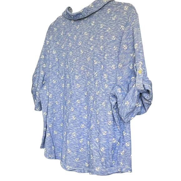 REBECCA MALONE SHORT SLV POINTED COLLAR V-NECK TOP, WOMENS, 1X, BLUE, ANCHORS - Picture 9 of 12